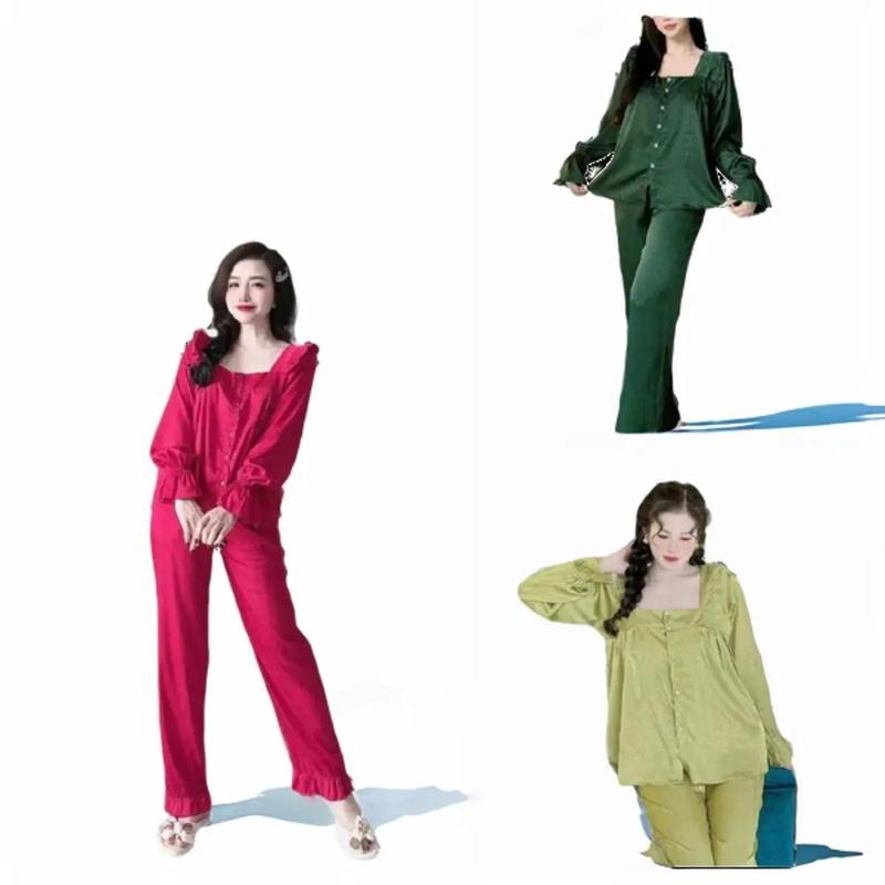 Bộ Ngủ Tb Pijama Đen Sam, Lụa Xước Cổ Vuông Tay Dài Quần Dài Cho Nữ - 2 Size Thun Women Quần Ngủ Áo Ngủ đồ  ngủ đồ  ngủ tiểu thư Dâu