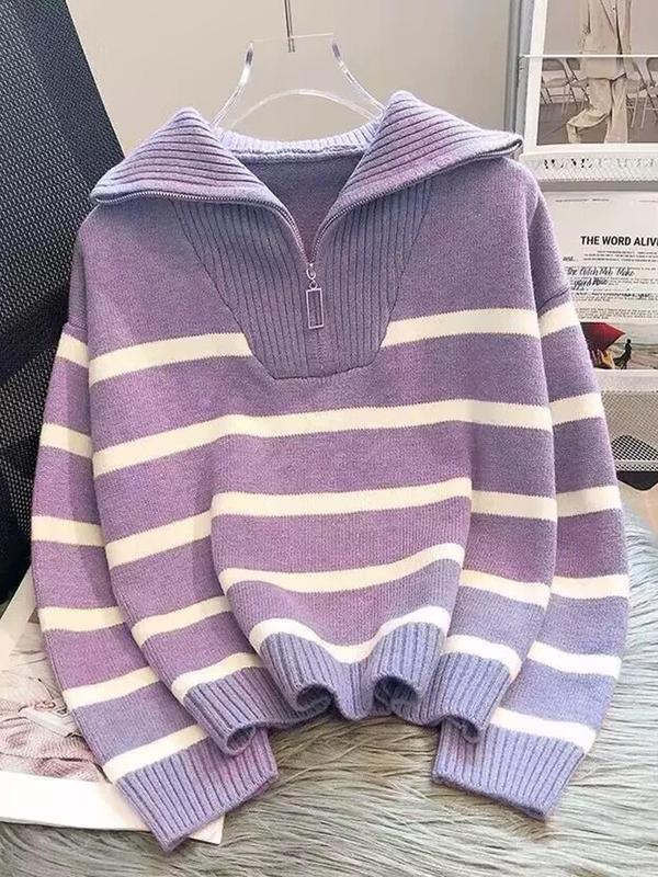 Women's Striped Print Zipper Drop Shoulder Sweater, Casual Pastel Long Sleeve Collared Mam Jumper Striped Sweater for Daily Wear, Women's Knitwear Top for Fall & Winter, Go Out Tops, Trending Clothing Women 7