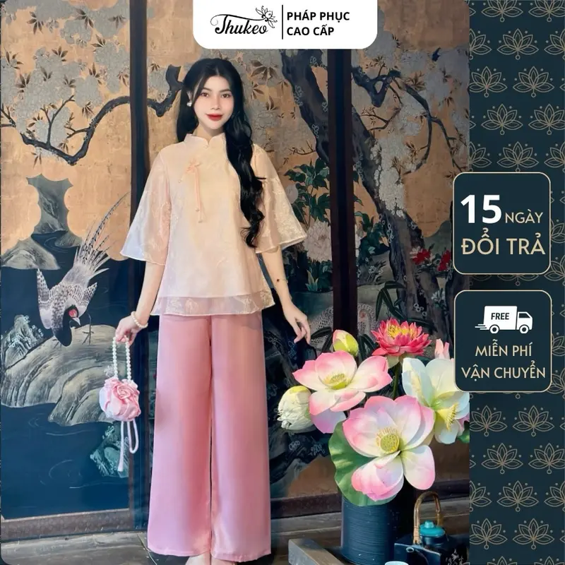 (MA50) Pháp phục đi chùa THUKEO mẫu tơ in 2 lớp mềm mịn cổ tàu thanh lịch Women Nữ 8