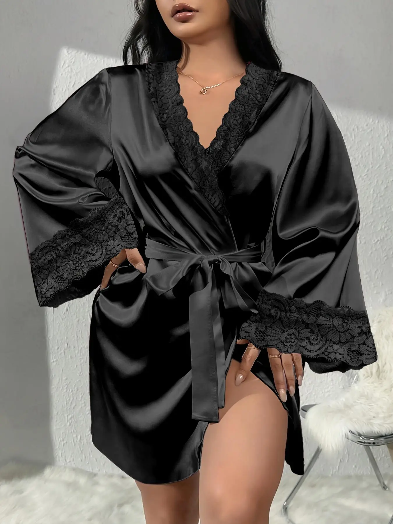 Plus Size Women's Solid Color Floral Lace Trim Belted Satin Robe, Regular Fit Elegant Comfy  Long Sleeve V Neck Dressing Gown, Women's Sleepwear for All Seasons