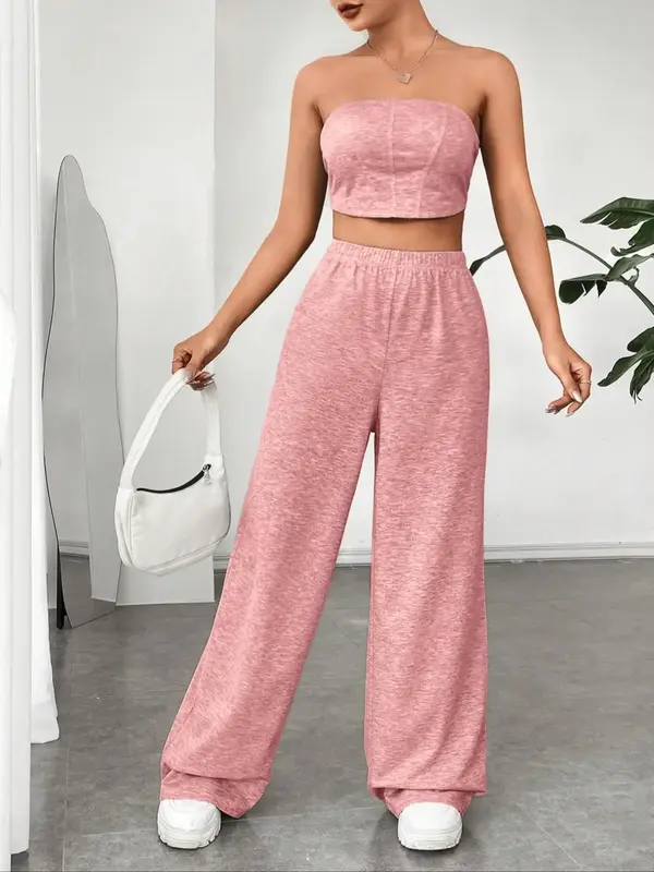 Women's Solid Crop Tube Top &  High Waist Elastic Waist Wide Leg Pants Set without Necklace, Summer Clothes Women, Mean Girls Basic Comfort Cropped Top & Trousers 0