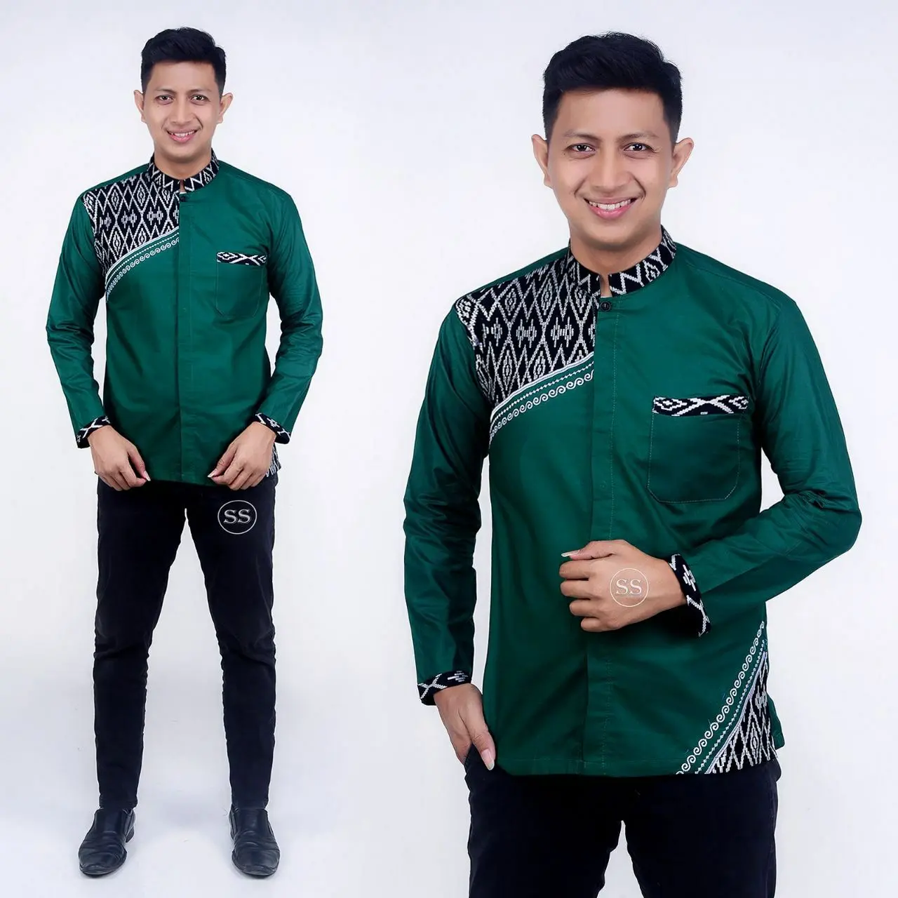 baju koko pria dewasa lengan panjang terbaru Motif selempang silver Katun Muslim Kurta Navy