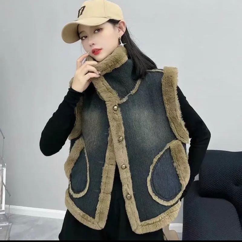 Áo khoác gile bò lót lông freesize 2 màu cực tây, thời trang thu đông Limstore Basic