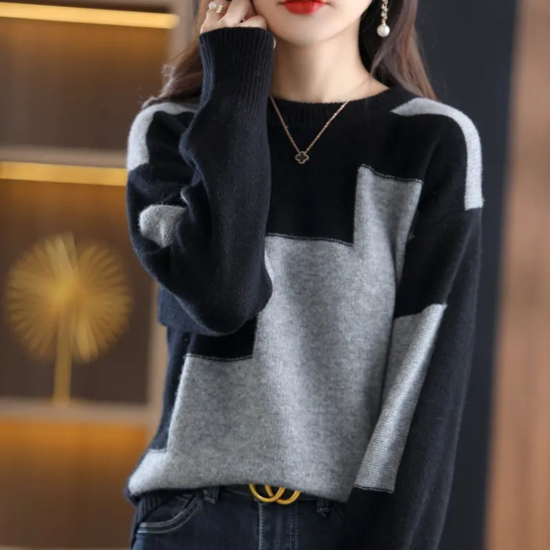 Womens 2024 New Spring and Autumn Color Matching Sweater Long-Sleeved Top Loose Korean Style Bottoming Color Matching Womens Sweater Cotton