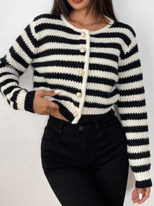 Cárdigan de rayas y bloques de color con botones, suéter casual de manga larga y cuello redondo para otoño e invierno, prenda de abrigo corta, elegante, acogedora y clásica, atuendo de otoño para mujer, suéter de invierno para mujer.