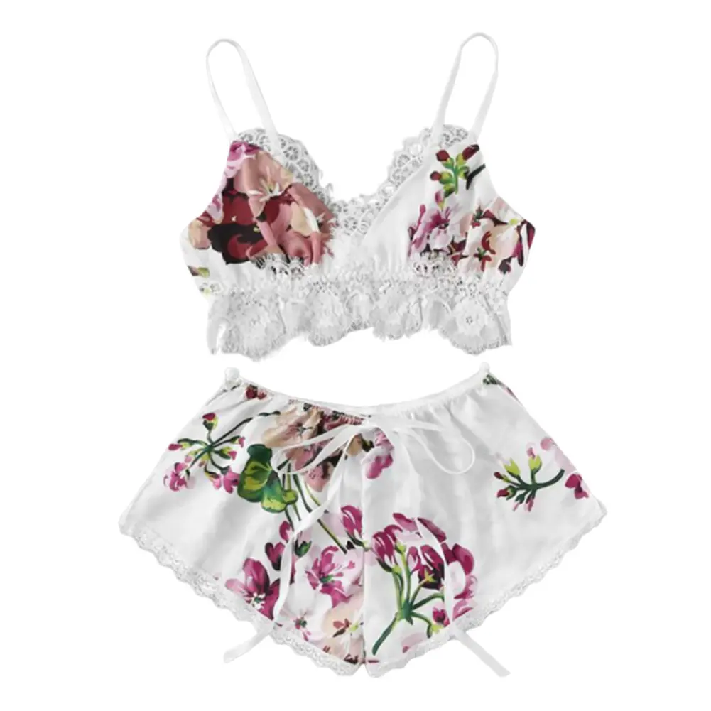 [Jn] Women Sexy Floral Print Lace Patchwork Bra Bow Decor Elastic Shorts Sleepwear