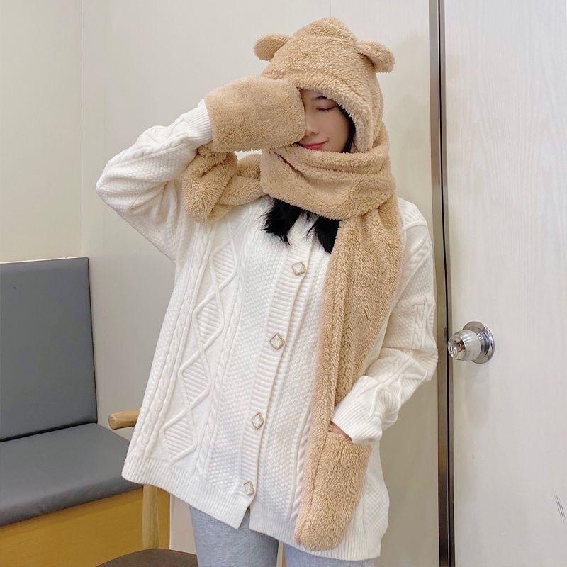 Mũ Lông Kèm Khăn Trơn Nón Trùm Đầu Tai Gấu Kèm Khăn Quàng Cổ Và Bao Tay Mùa Đông Ấm Áp Cao Su Len Cao Su Len