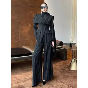 PO40 FADFAD Setelan wanita motif bergaris dengan atasan jubah lengan panjang + celana flare panjang