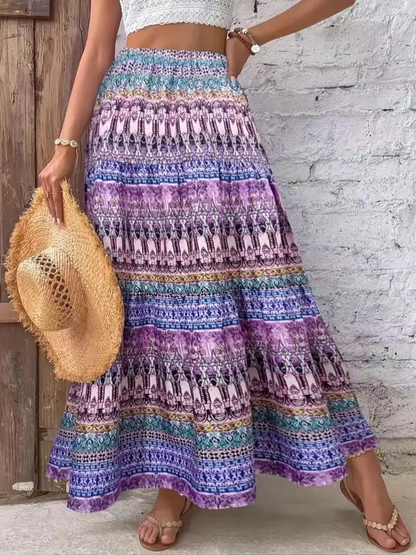 Women's All Over Print Long Skirt, Boho Fashion Casual Skirt for Beach Holiday Vacation, Ladies Summer Clothes