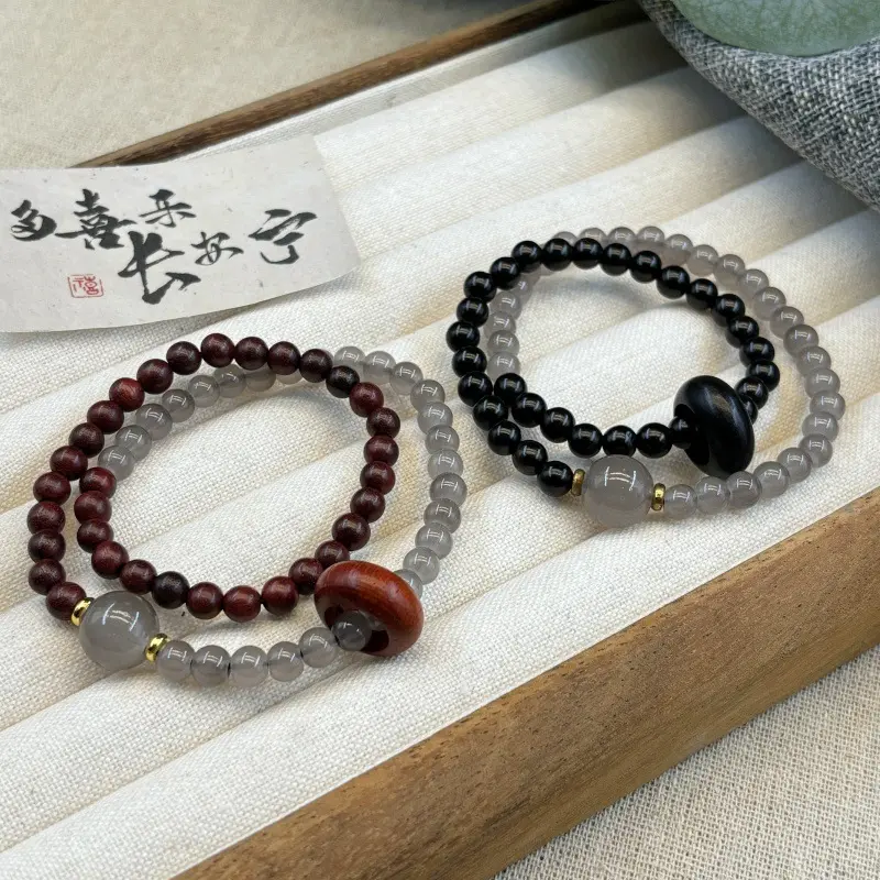 Ebony Stitching Gray Agate Double Ring Bracelet New Chinese Style Double Matching Simple Couple's Buddha Beads Bracelet