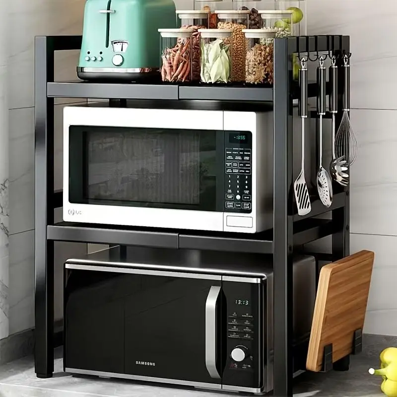 Adjustable Microwave Oven Rack, 1 Count Extendable Kitchen Countertop Storage Rack with Hooks, Multifunctional Storage Rack for Tableware & Cooking Utensils