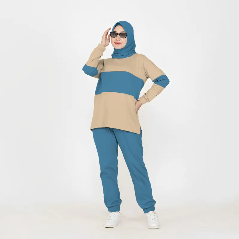 LPM 35756 Setelan Kaos Celana Olahraga Wanita Muslimah Kombinasi Warna SET COMBI Lengan Panjang Bahan Babyterry Size XL-XXXL Baju Kaos Celana Adem 2