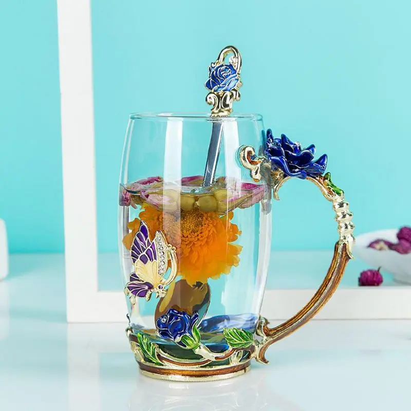 1 Set Butterfly & Rose Decor Glass Cup with Handle, Vintage Drinking Glass with Lid & Spoon, Creative Tea Cup for Office Home Daily Use, Gifts for Friends 0