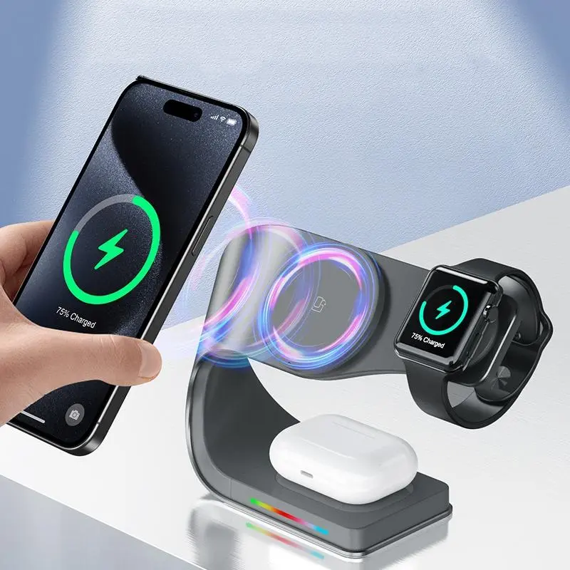 Magnetic Wireless Charger, 1 Count 3 In 1 Multifunctional Wireless Charging Stand for iPhone 16/15/14/13/12, Apple Watch 9/8/7/6/5, AirPods