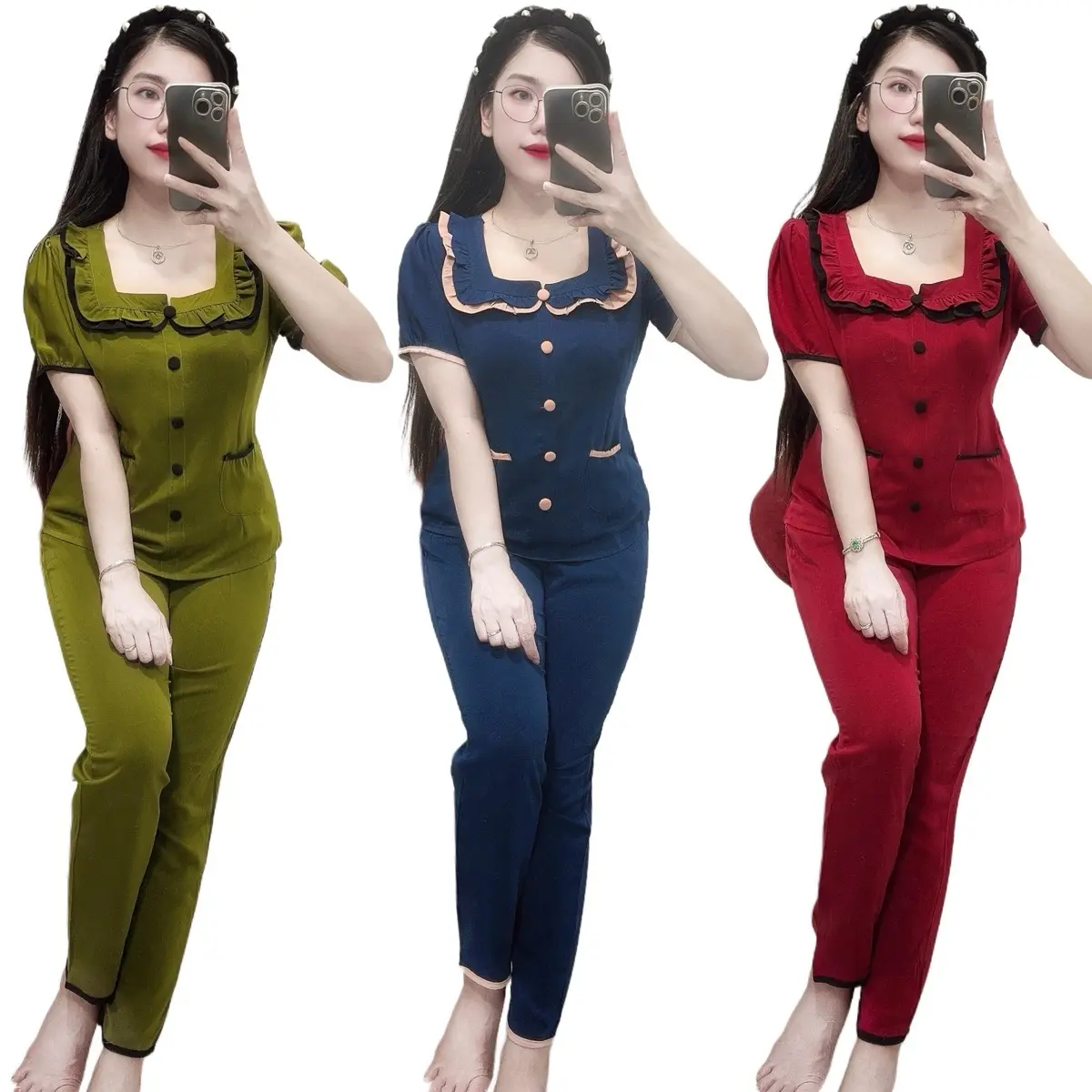 Đồ Bộ Nữ Áo Tay Ngắn Quần Dài, Vải Đũi Lạnh Mặc Mát, Co Giãn Thoải Mái, Có Nhiều Mầu Sắc Thanh Lịch Thích Hợp Cho Mọi Lứa Tuổi( Women) Tim đo bo set botieuthu Top Kem bộcổ