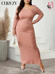 CURVZY Plus Size Solid Ruched Split Hem Bodycon Dress, Elegant Square Neck Long Sleeve Dress for Party Holiday Wedding Guest, Women's Clothes for Fall