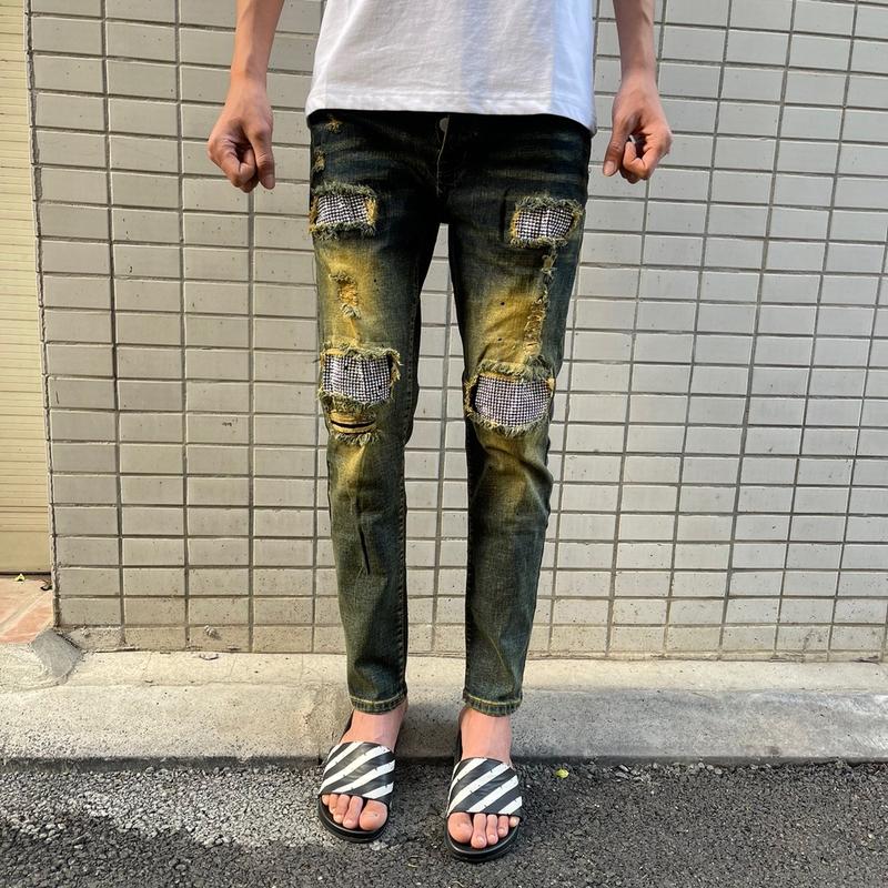 Quần jean nam xanh rêu đính đá viền thêu vùng quanh mã  ĐN99.208 Menswear Pants