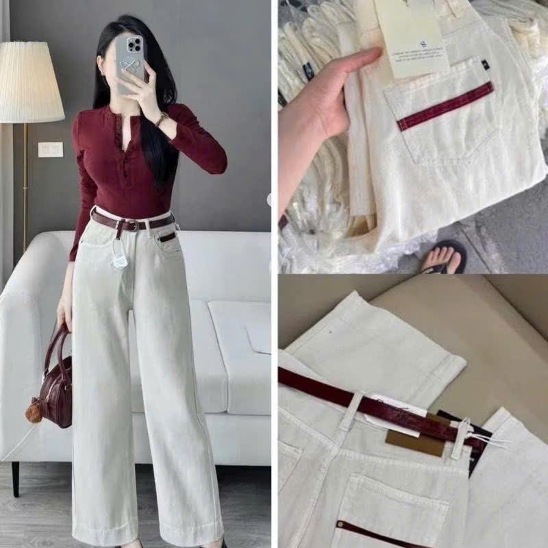 Quần bò jean trắng ống rộng suông xuông nữ phối viền đỏ đô jeans cạp cao phong cách sành điệu style