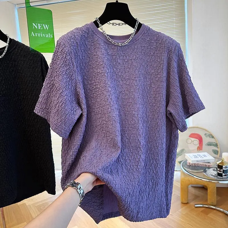Summer Loose Temperament Men's Texture Design Short-Sleeved T-shirt Men's and Women's Seersucker Lazy Top Human Streetwear Crewneck Plain Womenswear Lingerie