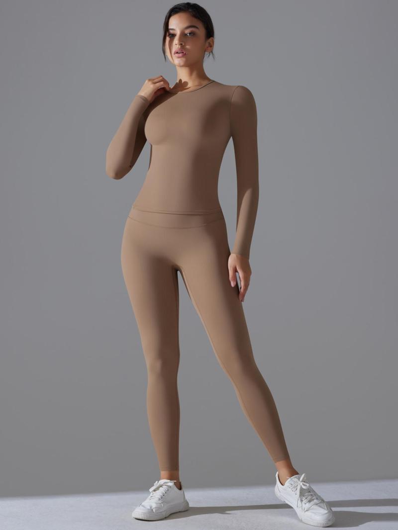 Product Introduction of Women's Solid Long Sleeve Tee & Leggings Sports Set, Sporty Casual Comfy Breathable Two-piece Outfits for Yoga Gym Workout Running Fitness, Ladies Sportswear for All Seasons, High Stretch Tracksuit 4