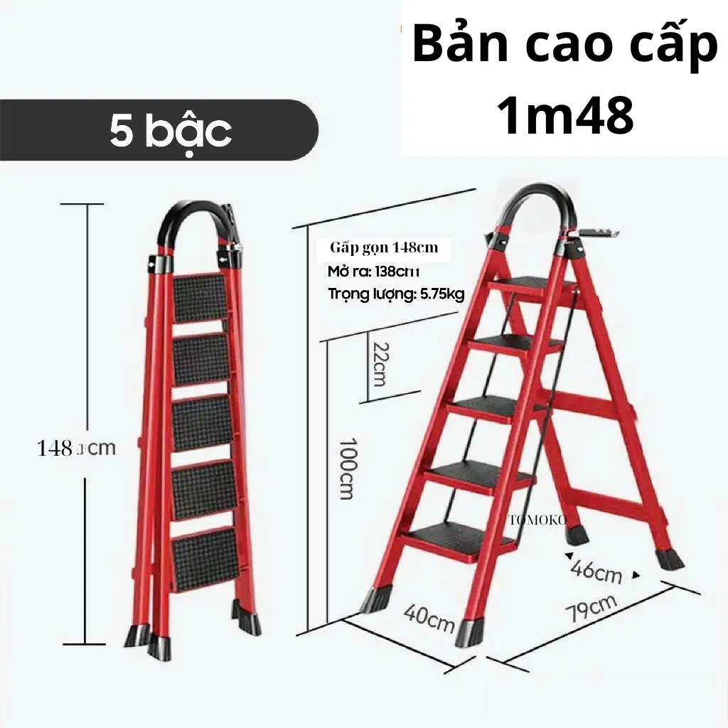 TOMOKO  BẢN CAO CẤP Thang gấp gọn Thang chữ a Thang thép Gấp Gọn Thang Gấp 5 Bậc Gấp Gọn Tải Trọng 150kg