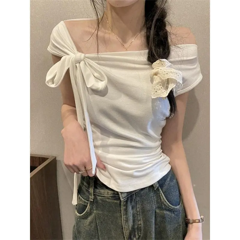 Pure Desire Style off-Shoulder Shoulder-Baring T-shirt Women's Summer Small Design Sense Niche Lace up Short Hot Girl Top Womenswear Blouse