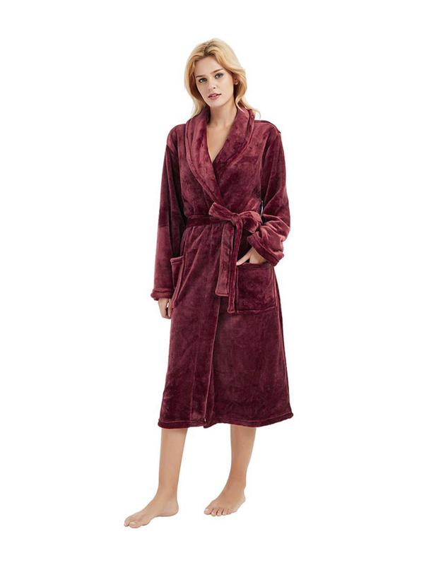 Women's Pocket Belted Shawl Collar Flannel Robe, Casual Long Sleeve Bathrobe Housecoat Dressing, Comfort PJ For Lady, Cold Weather Gear 1