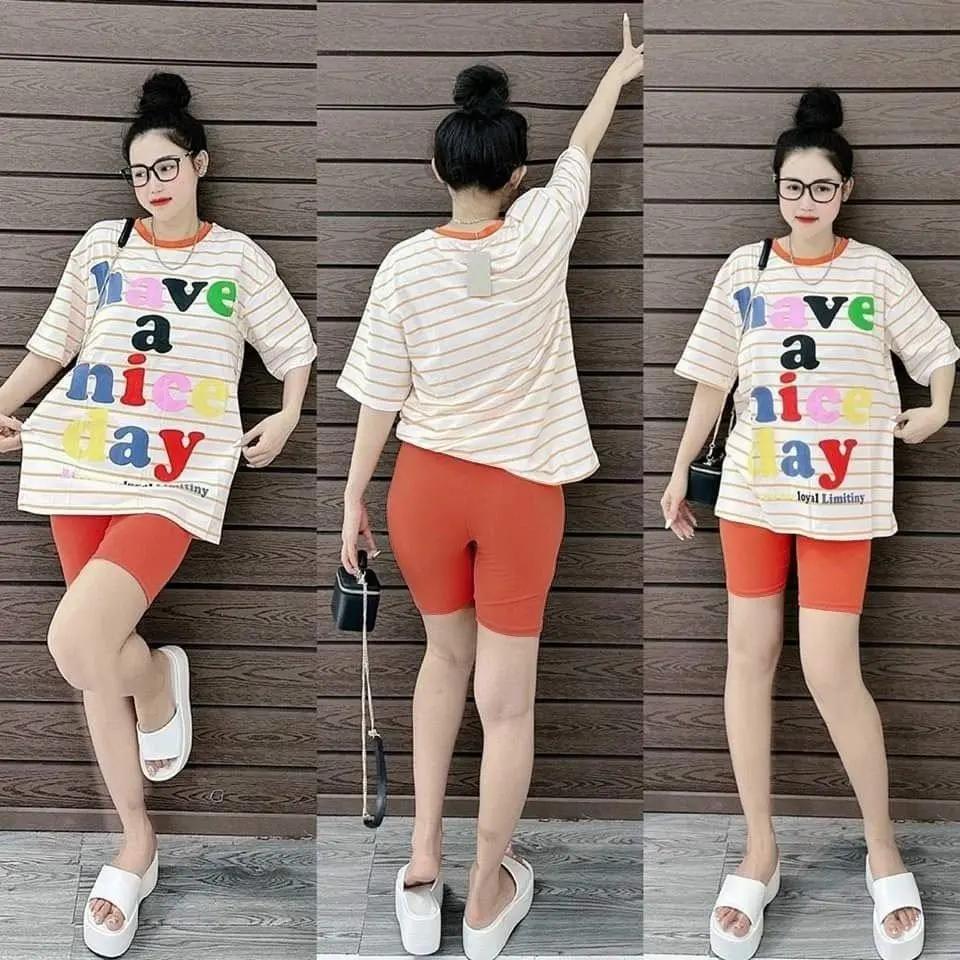 Đồ bộ lửng ngố thun gân tăm kèm áo thun cotton form rộng in chữ dễ thương Nữ Women Top Kem Cổ Tròn