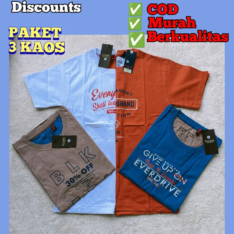 paket 3 kaos anak tanggung / kaos puffin & cosine / baju anak laki laki terbaru / bahan tebal motif fashion 2