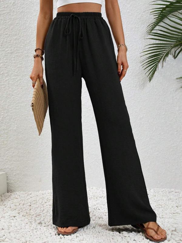 Women's Solid Drawstring Waist Pants, Casual Pocket Trousers for Summer, Women's Bottoms for Daily Wear 2