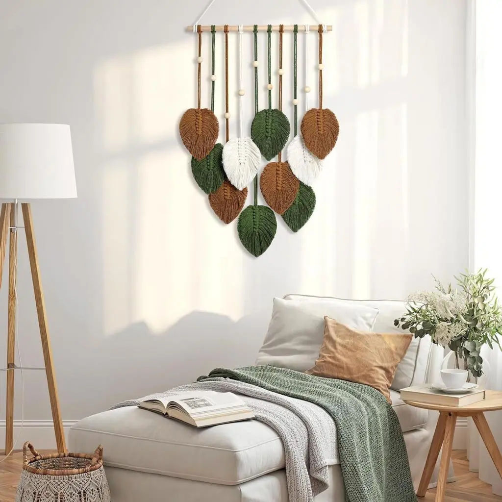wnutiasi Large Boho Tapestry Wall Decor Tapestry Bohemian Style Leaf Shape Tapestry with Wooden Bead Decor Handmade Wall Hanging for Home Dorm Hotel Inspired Decoration