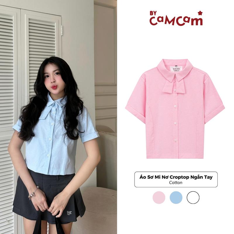 Áo SƠ MI Croptop Ngắn Tay PHỐI NƠ Cổ Điệu Dễ Thương Thời Trang Nữ Mùa Hè 2024 Bycamcam