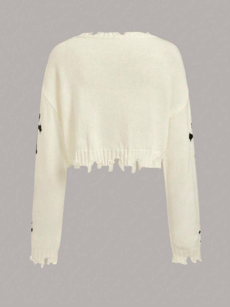 Product Introduction of Women's Cross Print Ripped Drop Shoulder Crop Sweater, Street Fashion Chic Style Long Sleeve V Neck Jumper for Daily Outdoor Wear, Ladies Knitwear for Spring & Fall, Tops for Women, Sweater for Women, Trending Clothing Women 7