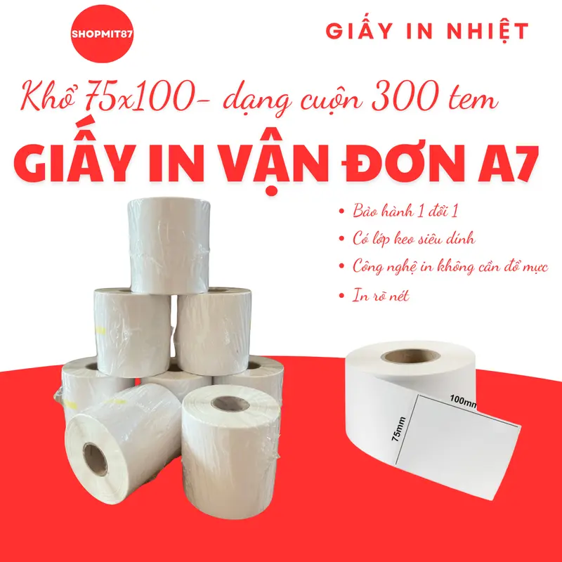 Giấy in nhiệt a7 khổ 75x100, Giấy dán in mã vận đơn sàn TMĐT dạng cuộn 300 tem 0