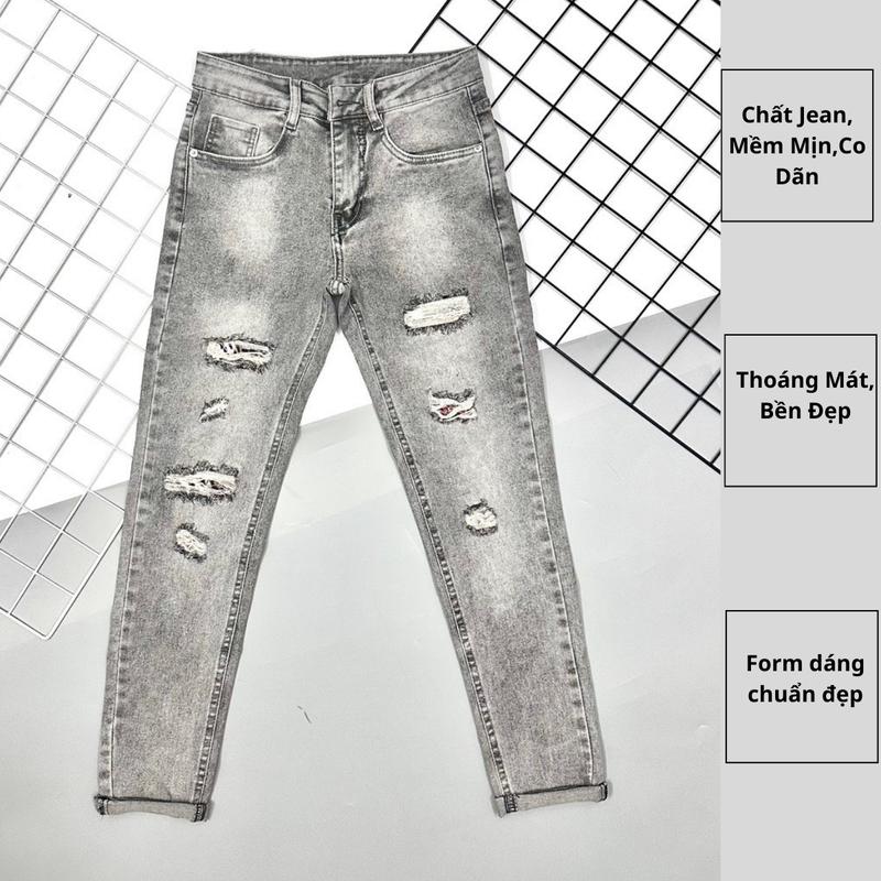Quần jean nam màu xám trắng họa tiết rách lót vải chất jean mềm , co dãn, thoáng khí