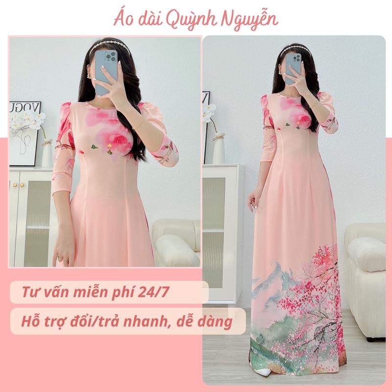 Áo dài hoa nhí, áo dài nữ tay bồng màu hồng lụa nhật in 6d hoa tiết trẻ trung hot trend 2026 đi chơi cưới hỏi - MÃ N33 Nữ Women Dress Kem Nhung Sen