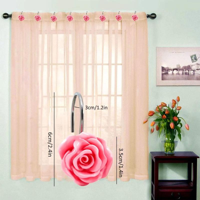 12Pcs Smooth Glide Rose Flower Design Shower Curtain Hook Free Sliding Decorative Hooks Shower Curtain Rings Rustproof Anti-Drop Shower Rod Ring Bathroom 2