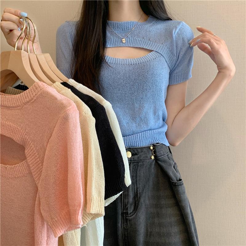 Product Introduction of Áo Len Dệt Kim Giả Hai Lớp, Thiết Kế Độc Đáo Sang Trọng Khoét Lỗ Áo Phông Ngắn Tay, Áo Ngắn Cô Gái Nóng Bỏng Mùa Hè, Phong Cách Instagram, Dành Cho Nữ, Bán Chạy Top Women Top Women 1