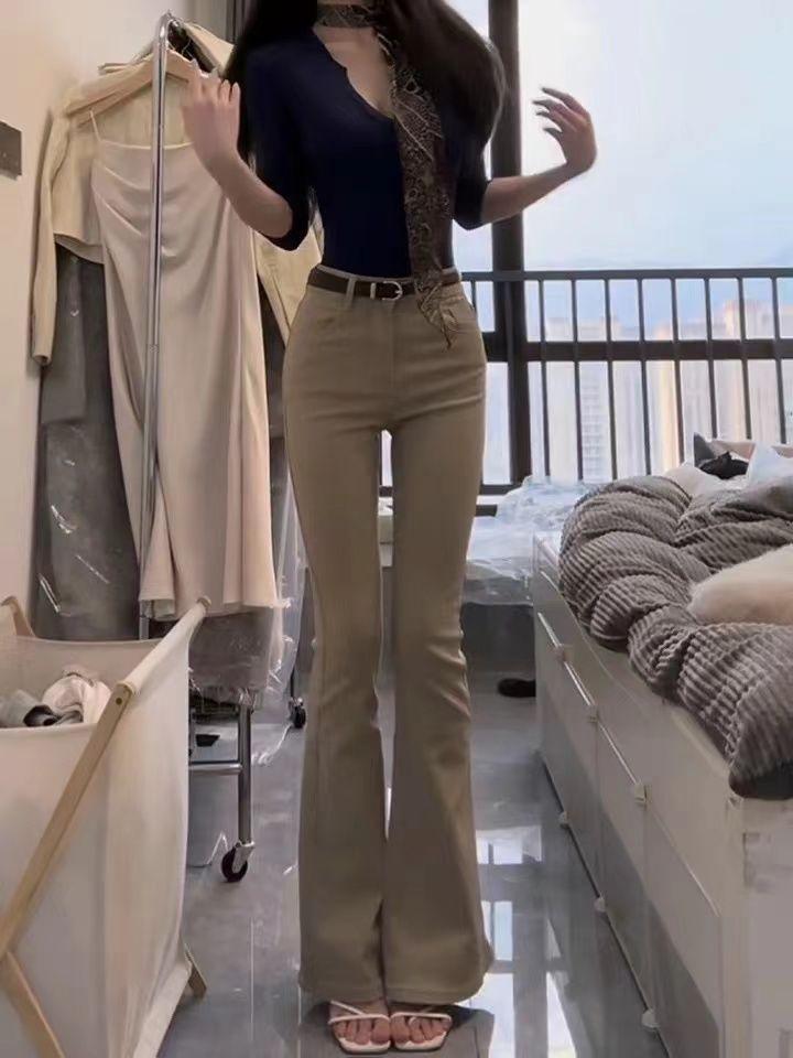 Product Introduction of Khaki High Waist Stretch Skinny Jeans Women's 2025 Winter Korean Style Washed Straight Speaker Pants Fashion Comfort Denim Pockets Streetwear Trouser Lingerie Slim Bottom Womenswear Fabric Basic Minimalist 10