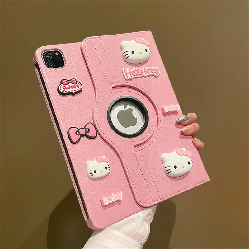 เคสแท็บเล็ต, ขาตั้งหมุนได้ 360°, วัสดุหนังพลิกสีชมพู, พร้อมสติ๊กเกอร์การ์ตูน KT 3D, เหมาะสำหรับ iPad Mini 6, 5, 9.7, 5th, 6th, Air 3, 4, 5, 6, iPad 10.2, 7, 8, 9, 10th gen, iPad Pro 11 นิ้ว, ปี 2024, เคสฝาครอบเด็กผู้หญิง
