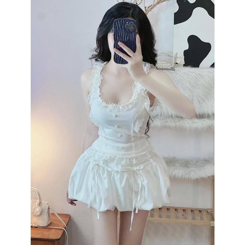 CR226 Áo Kiểu Nữ Ba Lỗ Sát Nách Viền Ren Đính Nút - Freesize Dưới 53kg - Màu Đen/Trắng/Hồng - Chất Liệu Tăm Lạnh Co Giãn Women Top Women Top 1