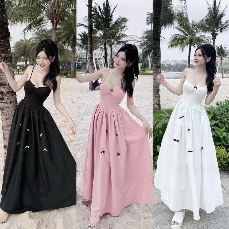 ( V010) Váy Maxi Hai Dây Bản Nhỏ Dáng Xoè Có Mút Đệm Đính Nơ Nữ