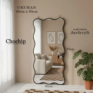 Cermin Dinding Aesthetic, Cermin Gantung Motif Wavy 40cm x 85cm kacacermin