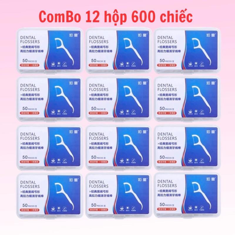 Combo 12 hộp 600 chiếc tăm chỉ nha khoa hàng tem đỏ, sợi chỉ tơ không bị tưa xước, đóng hộp dán tem 2 mặt Nữ t ă