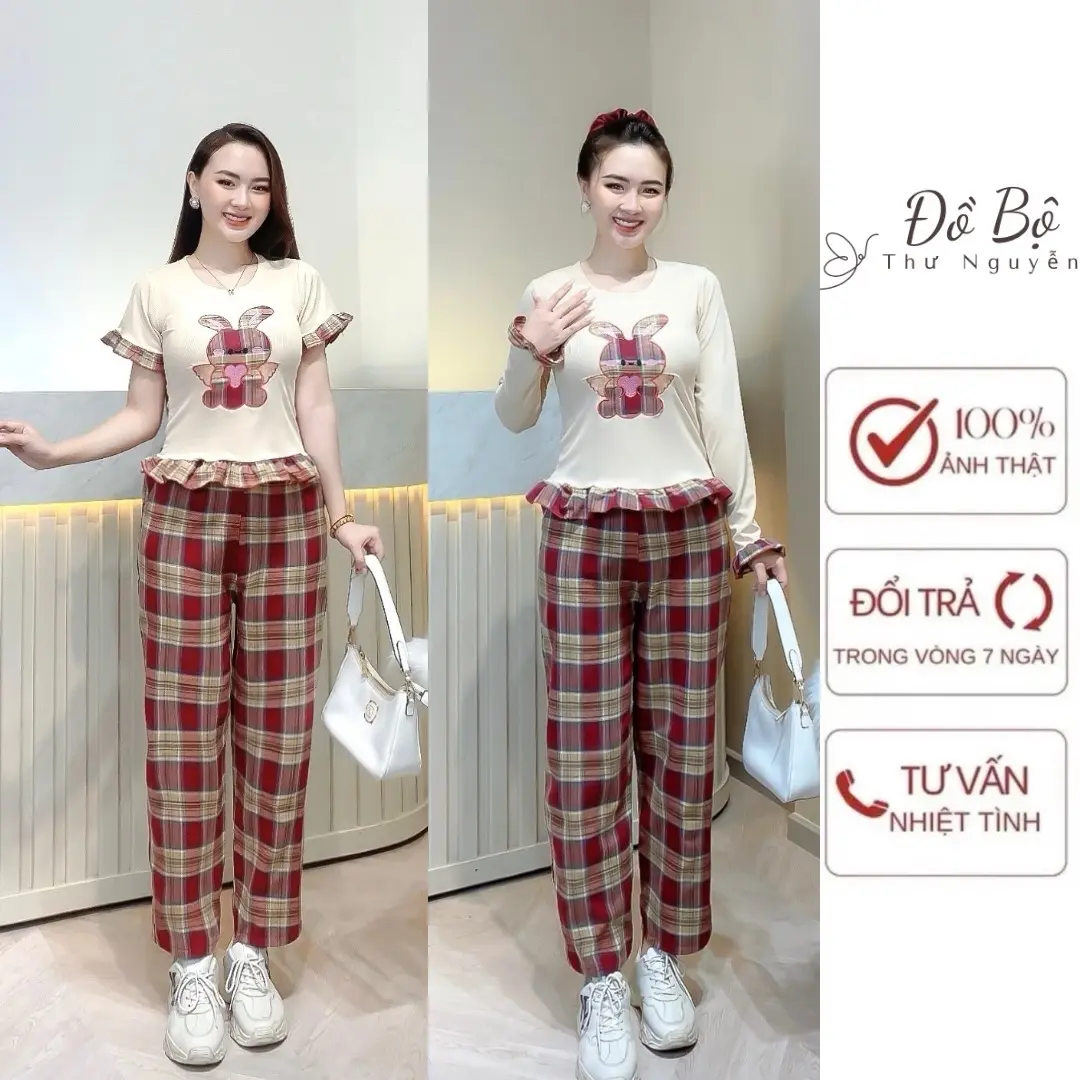 Set Bộ Nữ Thêu Áo Dài Tay /Ngắn Tay Lai Phối Bèo _Quần Suông Bagy  Women Voi Top Thun