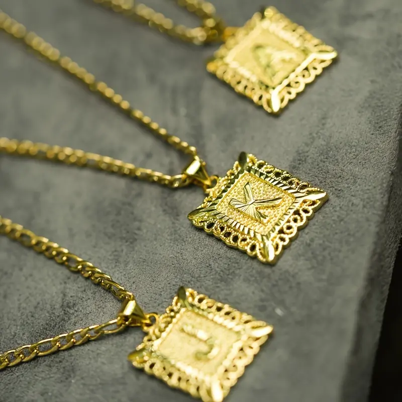14K Golden Plated Initial Letter Pendant Necklace - A-Z, Unisex Design for Men & Women, Square Alphabet Figaro Chain with Ornate Detailing, Perfect for Casual Attire or Gifting, Jewelry | Polished Finish | Golden Alphabet, Necklace 4