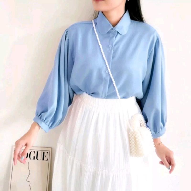 Blouse Kemeja Elze Atasan Wanita Shakila Twill Polos Lengan Balon Full Kancing Baju Panjang Oversize 3
