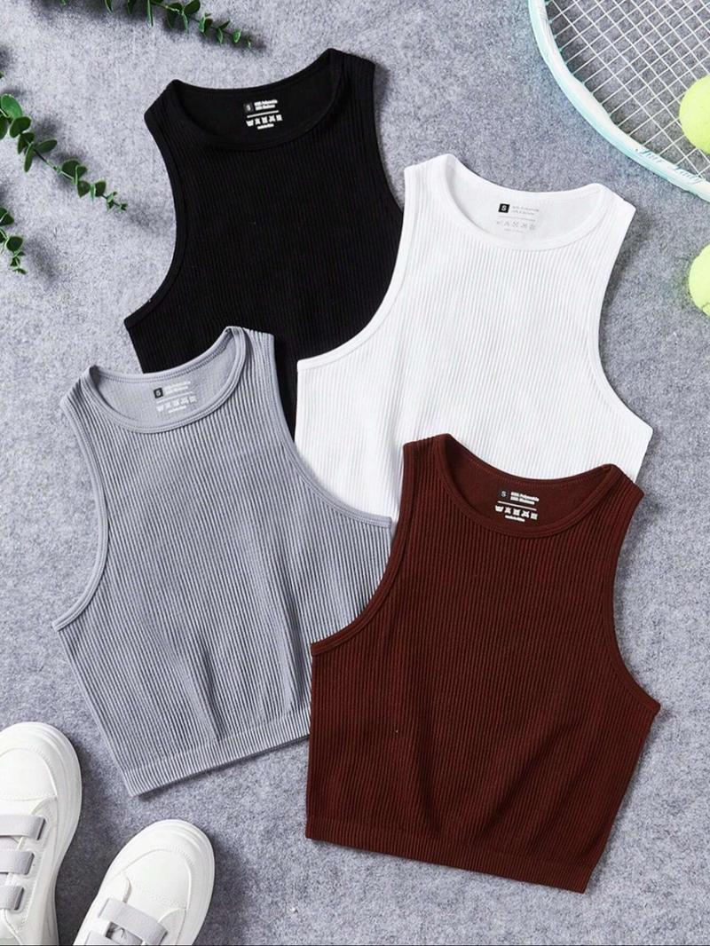 Product Introduction of Women's Solid Round Neck Sports Vest, Minimalist Sleeveless Crop Tank Top for Yoga Gym Workout Running Indoor Outdoor, Ladies Sportswear Clothing for All Seasons 1