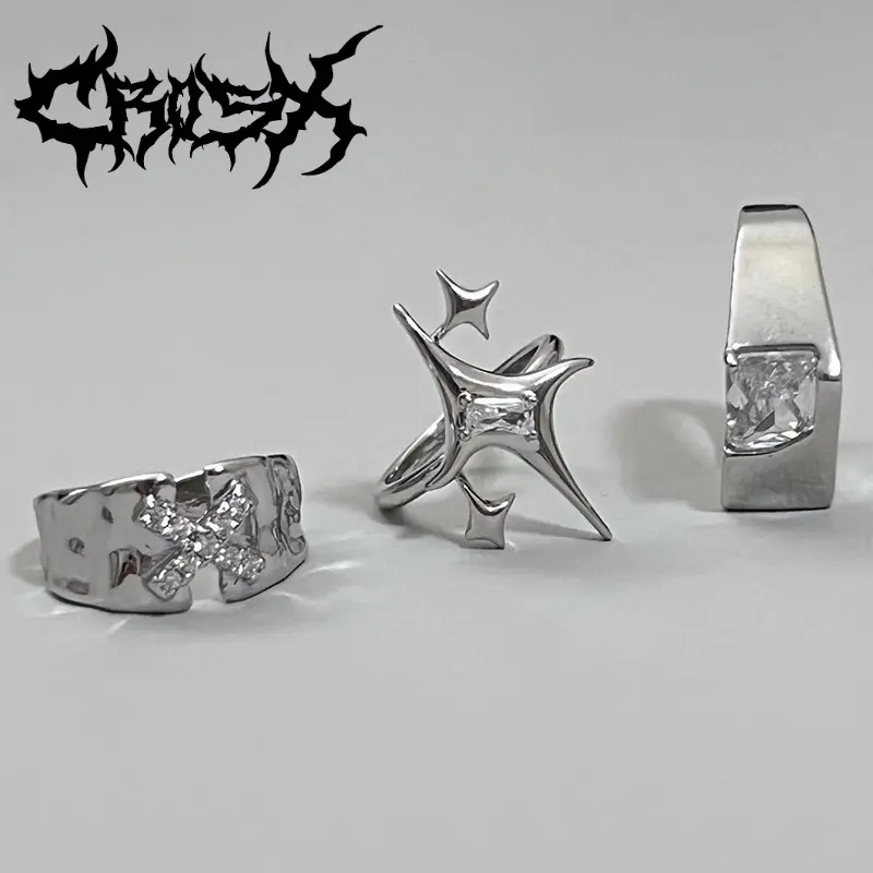 FIM RING SET / 3PCS OVAL SQUARE BINTANG SALIB STAR X CROSS RING CINCIN HITAM SILVER / COUPLE RING CINCIN COUPLE KOREAN STYLE RING CINCIN STYLE KOREA CINCIN AESTHETIC RING CINCIN TITANIUM CINCIN STAINLESS STEEL CINCIN PRIA WANITA HIPHOP PUNK RETRO VINTAGE