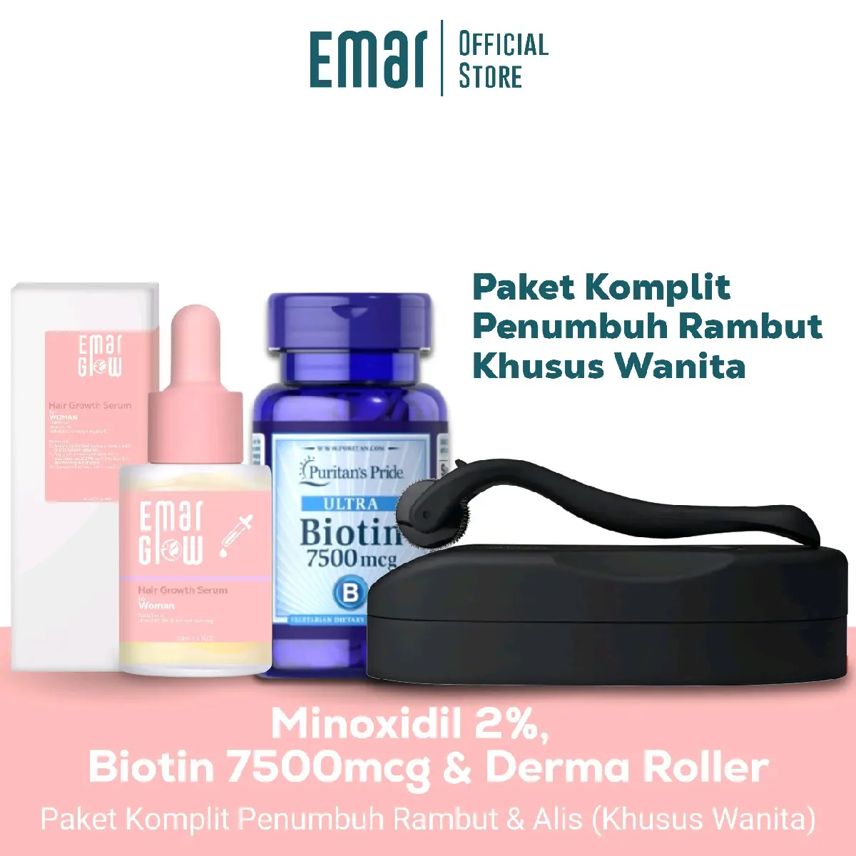 Paket Komplit Minoxidil Cewek 2%, Biotin dan Derma Roller